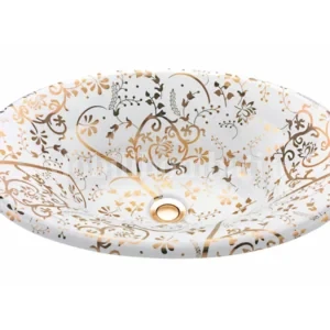 lavabo in ceramica bianca con disegno in oro zecchino